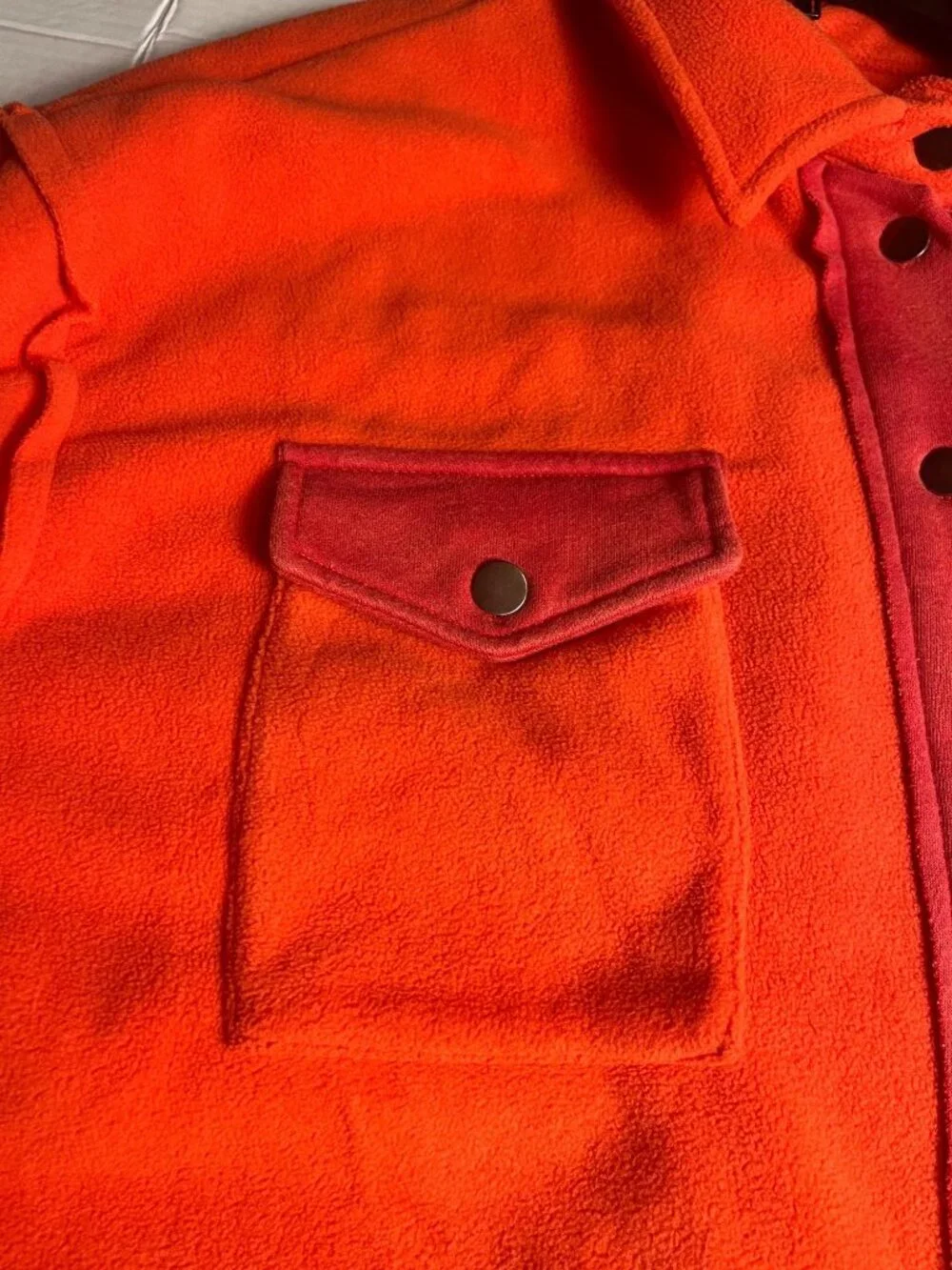 POL Orange Red Fleece Oversized L Shacket Star Patches Snap Buttons & Pockets